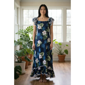 Pacific Legend Navy Blue Hibiscus Print Long Hawaiian MuuMuu Dress Size Small
